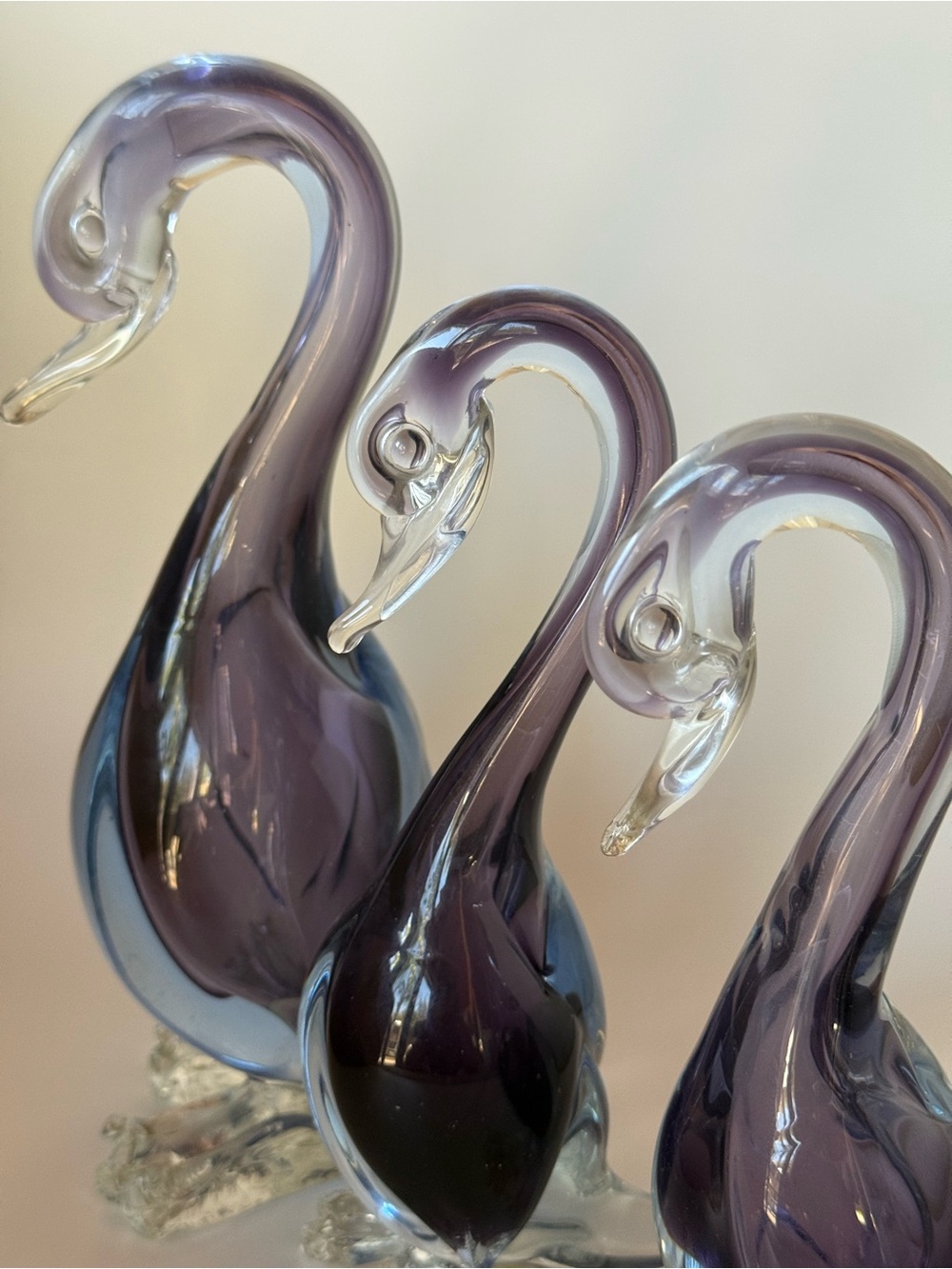 Vintage Murano Art Glass Swan Figurines Set of 3 Purple Blue Italy 7.25” 9”
